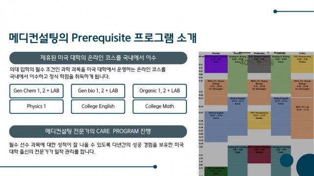 메디컨설팅의 Prerequisite 프로그램 소개. 의대 입학의 필수 조건인 과학 과목을 미국 대학에서 운영하는 온라인 코스로 국내에서 이수하고 정식 학점을 취득하게 된다. 필수 선수 과목에 대한 성적이 잘 나올 수 있도록 다년간의 성공 경험을 보유한 미국 대학 출신의 전문가가 밀착 관리한다