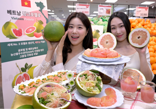 10일 롯데마트 잠실점에서 모델들이 건강과일로 관심을 얻고 있는 베트남 포멜로를 선보이고 있다. 포멜로는 저칼로리, 저당 식품으로 비타민 C와 식이섬유가 풍부하다. 글로벌과 베트남에서 우수농산물관리(GAP) 인증을 받아 친환경으로 재배된 고품질 과일이다