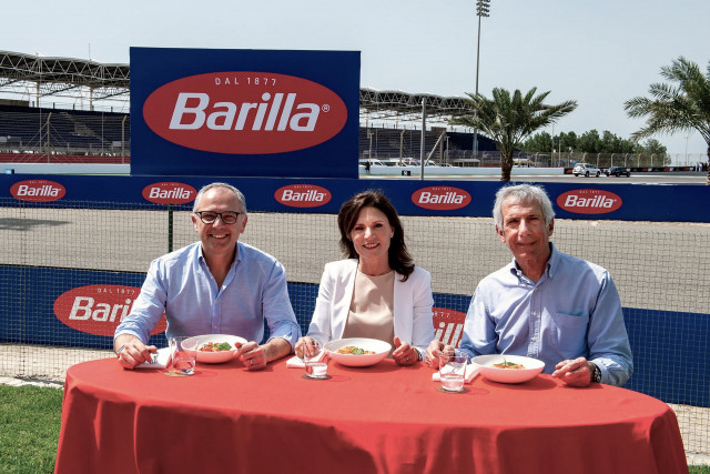 From left to right: Stefano Domenicali - Formula 1 CEO, Ilaria Lodigiani - Barilla Chief Category &amp; Marketing Officer, and Paolo Barilla - Vice President of Barilla Group