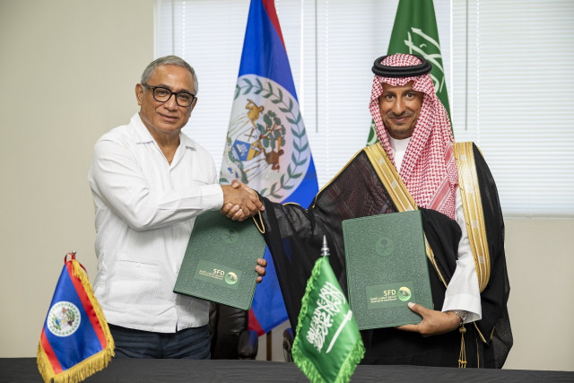 Image (from left to right): The Prime Minister of Belize, Hon. John Briceño &amp; The Saudi Fund for Development (SFD) Board of Directors Chairman, H.E. Ahmed Al Khateeb (Photo: AETOSWire)