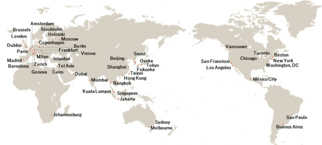 모리 기념 재단이  2023년 글로벌 파워 시티 지수 보고서에서 평가한 48개 주요 도시(이미지: 비즈니스와이어)