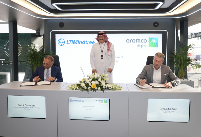 Signing of the shareholders&amp;#039; agreement between LTIMindtree and Aramco Digital. Left to right, Sudhir Chaturvedi, President, and Executive Board Member, LTIMindtree and Tareq Amin, CEO, Aramco Digital. (Photo: Business Wire)