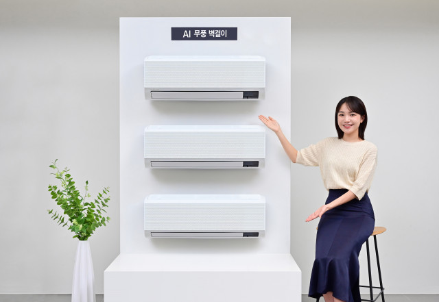 삼성전자 모델이 삼성스토어 청담점에서 ‘2024년 에너지효율개선사업 냉방 지원기기 보급사업자 선정’ 공급 모델인 ‘AI 무풍 벽걸이’를 소개하고 있다